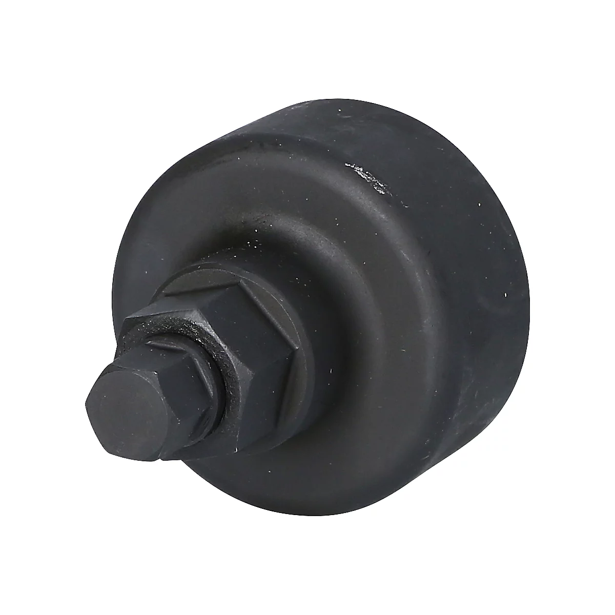 Schwarzer Werkzeugaufsatz mit Sechskant-Kopf. Runde Form.